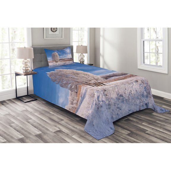 Ambesonne Nature Quilted Bedspread Set 2 Pcs, Winter Snow Landscape, Twin Size, Turquoise Avocado Green