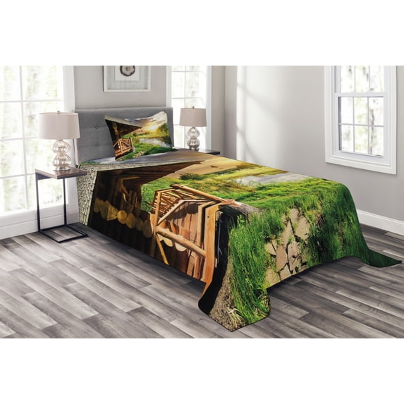 Ambesonne Nature Quilted Bedspread Set 2 Pcs, Wooden House by the Lake, Twin Size, Multicolor