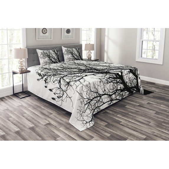 Ambesonne Nature Quilted Bedspread Set 3 Pcs, Autumn Fall Tree Branch, King Size, Black and White