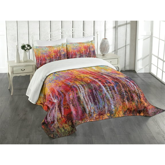 Ambesonne Nature Quilted Bedspread Set 3 Pcs, Autumn Forest Painting, King Size, Orange Yellow