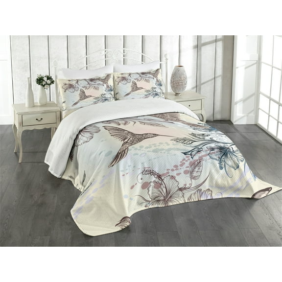 Ambesonne Nature Quilted Bedspread Set 3 Pcs, Birds Hibiscus Flowers, King Size, Teal Brown