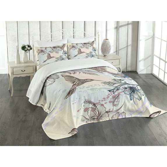 Ambesonne Nature Quilted Bedspread Set 3 Pcs, Birds Hibiscus Flowers, King Size, Teal Brown