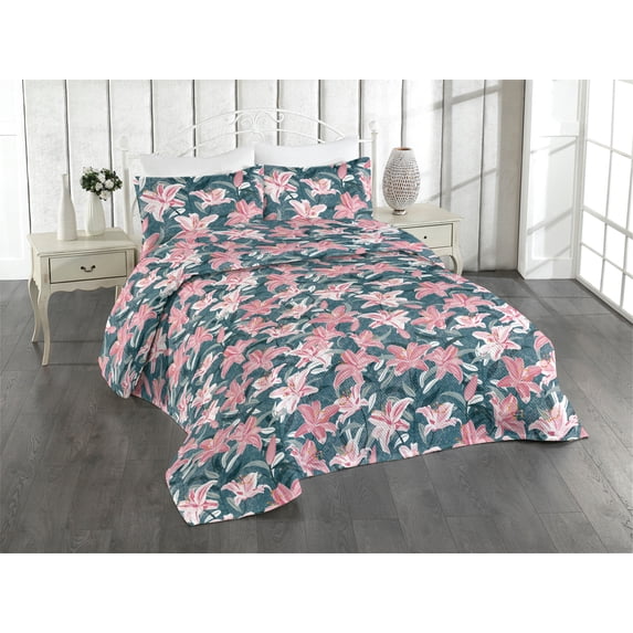 Ambesonne Nature Quilted Bedspread Set 3 Pcs, Blooming Spring Lily Flowers, Queen, Dark Teal and Pink