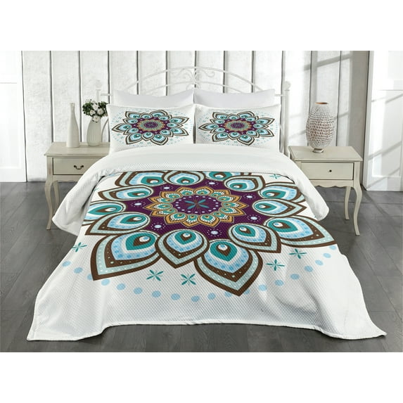 Ambesonne Nature Quilted Bedspread Set 3 Pcs, Boho Blooming Flower, King Size, Purple Brown and Teal