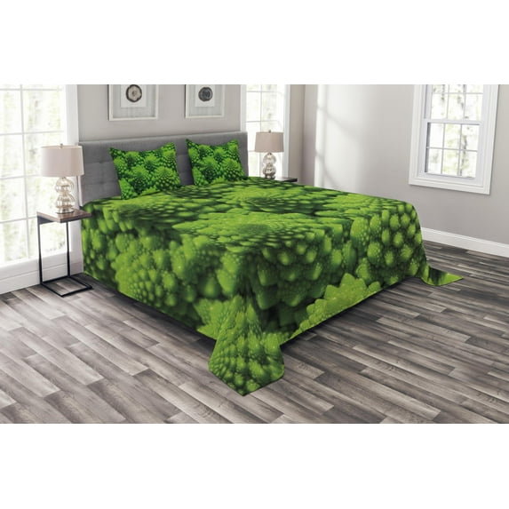 Ambesonne Nature Quilted Bedspread Set 3 Pcs, Broccoli Kale Foliage, King Size, Lime Green