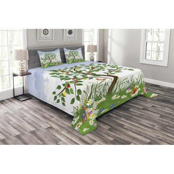 Ambesonne Nature Quilted Bedspread Set 3 Pcs, Cartoon Garden Colorful, King Size, Multicolor