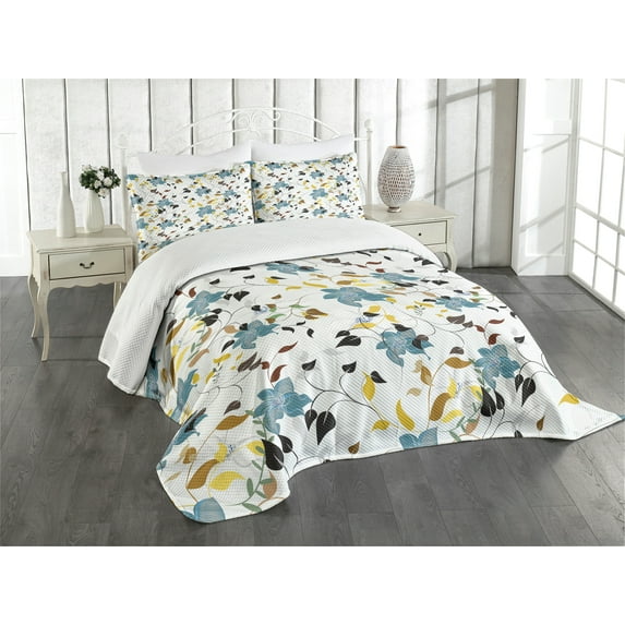 Ambesonne Nature Quilted Bedspread Set 3 Pcs, Colorful Flowers Leaf, Queen Size, Multicolor