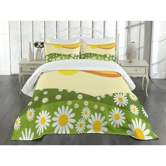Ambesonne Nature Quilted Bedspread Set 3 Pcs, Daisy Flower Field Sun, King Size, Earth Yellow Lime Green