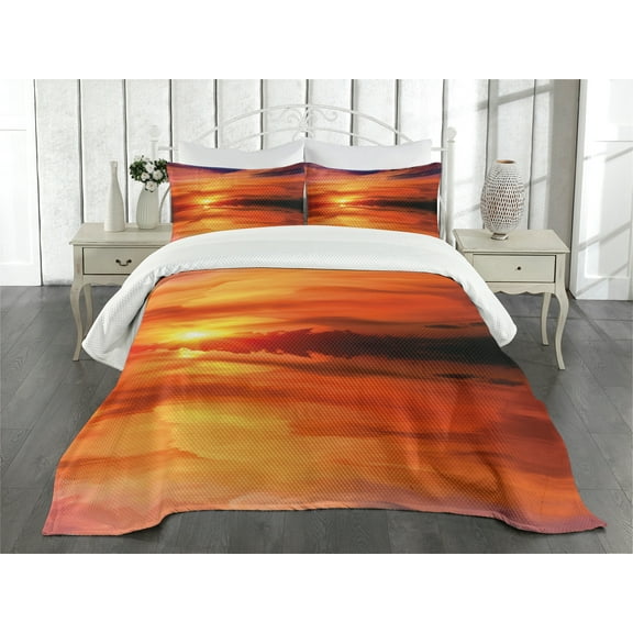 Ambesonne Nature Quilted Bedspread Set 3 Pcs, Dramatic Sunset Lake, Queen Size, Red Vermilion Marigold
