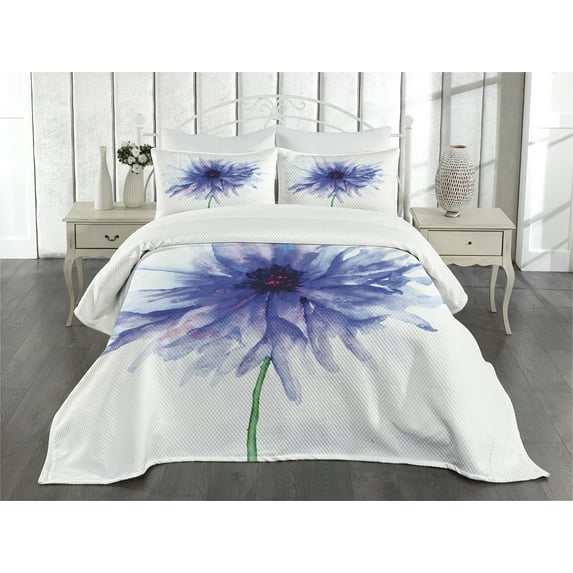 Ambesonne Nature Quilted Bedspread Set 3 Pcs, Earth Cornflower, King Size, Navy Blue White
