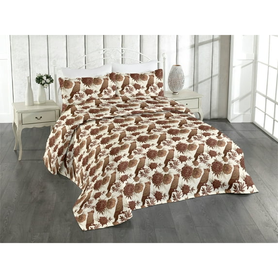 Ambesonne Nature Quilted Bedspread Set 3 Pcs, Exotic Parrot Sketch Art, King, Ivory Camel Redbrown