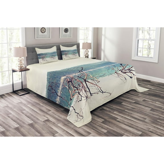 Ambesonne Nature Quilted Bedspread Set 3 Pcs, Fallen Tree in Beach, Queen Size, Cream Green