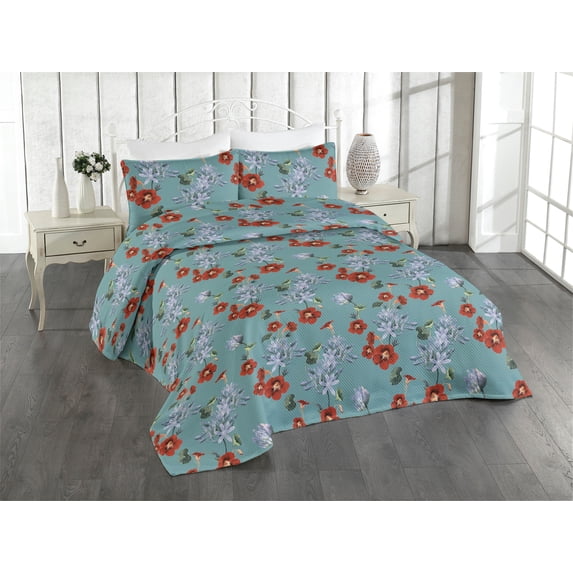 Ambesonne Nature Quilted Bedspread Set 3 Pcs, Fashion Vintage Flora Art, Twin, Burnt Orange and Grey Teal