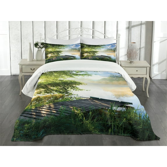 Ambesonne Nature Quilted Bedspread Set 3 Pcs, Fishing Pier by River, Queen Size, Green Blue White