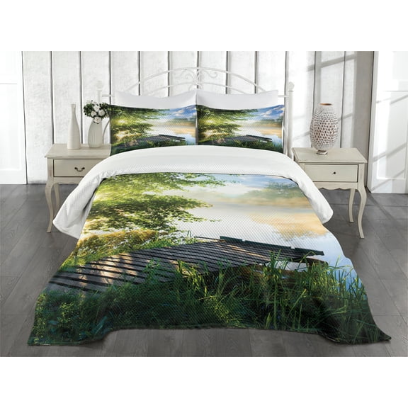 Ambesonne Nature Quilted Bedspread Set 3 Pcs, Fishing Pier by River, Queen Size, Green Blue White