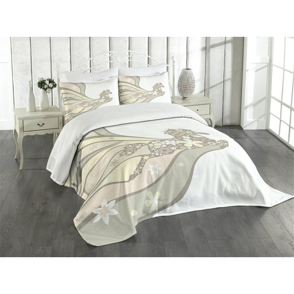 Ambesonne Nature Quilted Bedspread Set 3 Pcs, Floral Horse Galloping, Queen Size, Pale Yellow Peach Cocoa