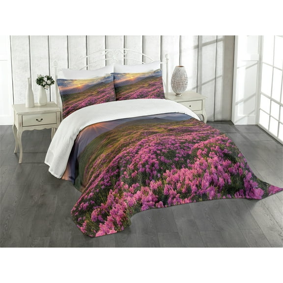 Ambesonne Nature Quilted Bedspread Set 3 Pcs, Flower Meadow Mountain, Queen Size, Multicolor