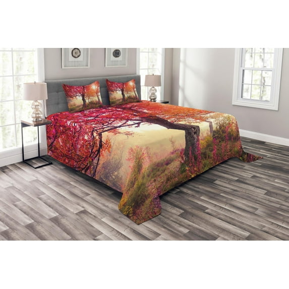 Ambesonne Nature Quilted Bedspread Set 3 Pcs, Flowers in Park Fall, King Size, Red Brown