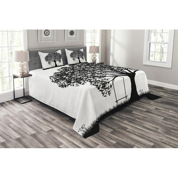 Ambesonne Nature Quilted Bedspread Set 3 Pcs, Flowersnd Grass Garden, King Size, Black and White