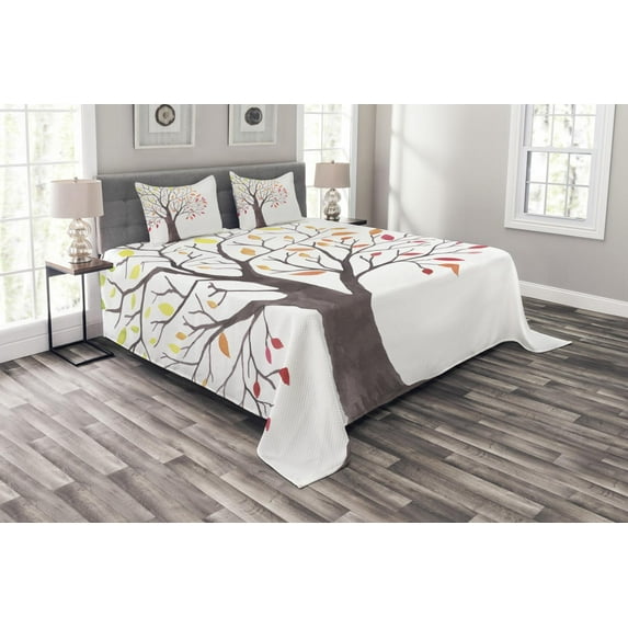 Ambesonne Nature Quilted Bedspread Set 3 Pcs, Forest Trees with Leaves, King Size, Multicolor