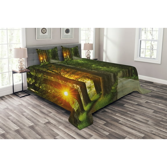 Ambesonne Nature Quilted Bedspread Set 3 Pcs, Fresh Morning Scenery, King Size, Green Marigold Beige