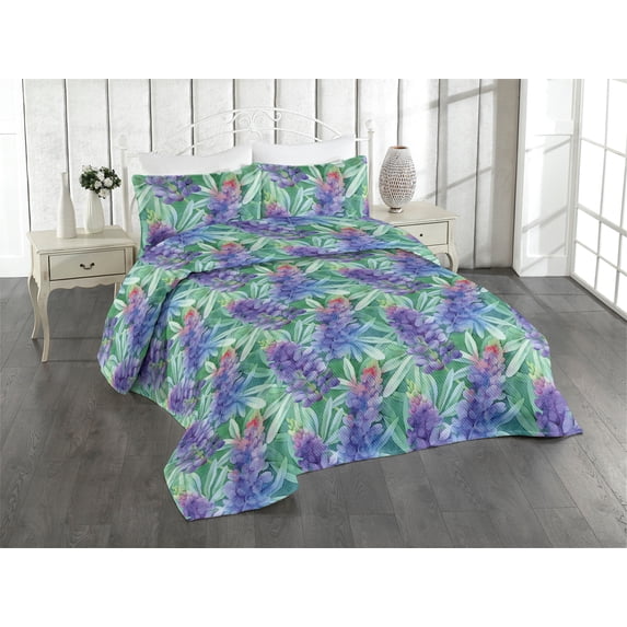 Ambesonne Nature Quilted Bedspread Set 3 Pcs, Garden Botany Lupine Sketch, Twin, Fern Green and Violet