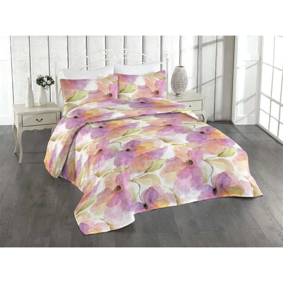Ambesonne Nature Quilted Bedspread Set 3 Pcs, Garden Print Flower Pattern, Twin, Pink Peach and Pastel Green