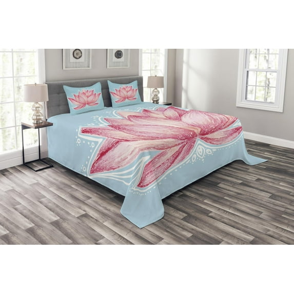 Ambesonne Nature Quilted Bedspread Set 3 Pcs, Gardening Lotus Flower, Queen Size, Pink Pale Blue