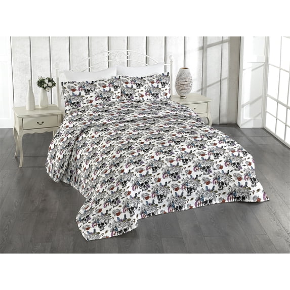 Ambesonne Nature Quilted Bedspread Set 3 Pcs, Goth Skull Pattern Butterfly, King, Eggshell Charcoal Grey