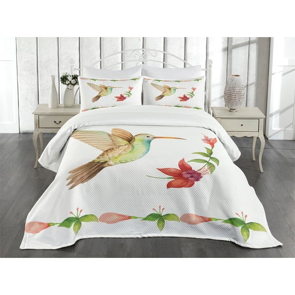 Ambesonne Nature Quilted Bedspread Set 3 Pcs, Hummingbird Art, Queen Size, Red and Green