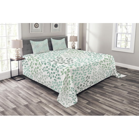 Ambesonne Nature Quilted Bedspread Set 3 Pcs, Leaf Braches Pattern, King Size, Sage Green Turquoise