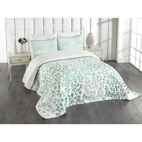 Ambesonne Nature Quilted Bedspread Set 3 Pcs, Leaf Braches Pattern, Queen Size, Sage Green Turquoise