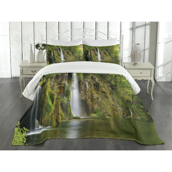 Ambesonne Nature Quilted Bedspread Set 3 Pcs, Majestic Waterfall River, King Size, Green Brown White