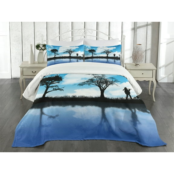 Ambesonne Nature Quilted Bedspread Set 3 Pcs, Man Dog Lake Tree Moon, Queen Size, Sky Blue Black White