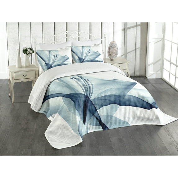 Ambesonne Nature Quilted Bedspread Set 3 Pcs, Modern Flowers Plants, Queen Size, Teal White