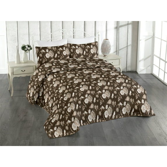 Ambesonne Nature Quilted Bedspread Set 3 Pcs, Monochrome Bird Sketch Art, King, Brown Sepia White