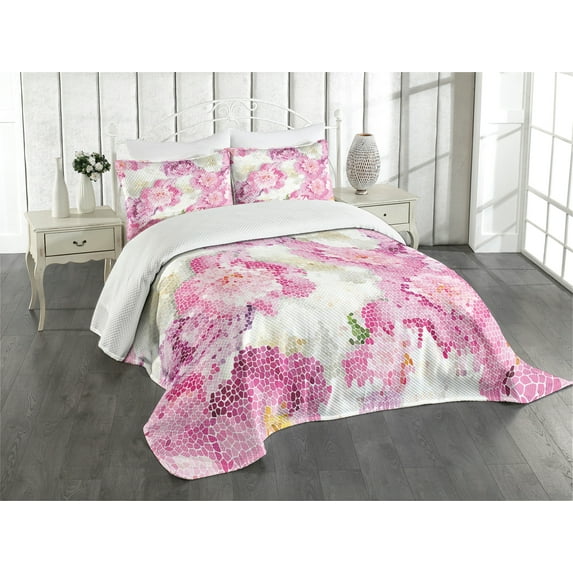 Ambesonne Nature Quilted Bedspread Set 3 Pcs, Mosaic Peony Flowers Art, Queen Size, Pink Purple White