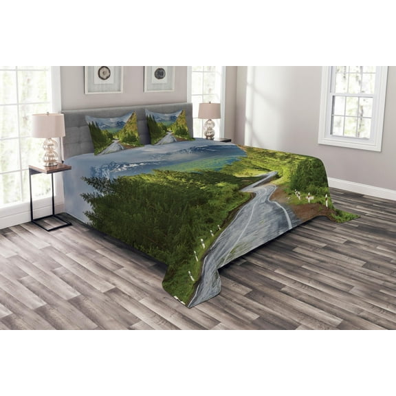 Ambesonne Nature Quilted Bedspread Set 3 Pcs, Mountain Landscape Road, Queen Size, Green Grey Brown