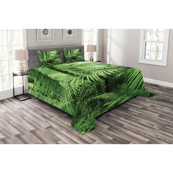 Ambesonne Nature Quilted Bedspread Set 3 Pcs, Palm Trees Exotic Plants, Queen Size, Green