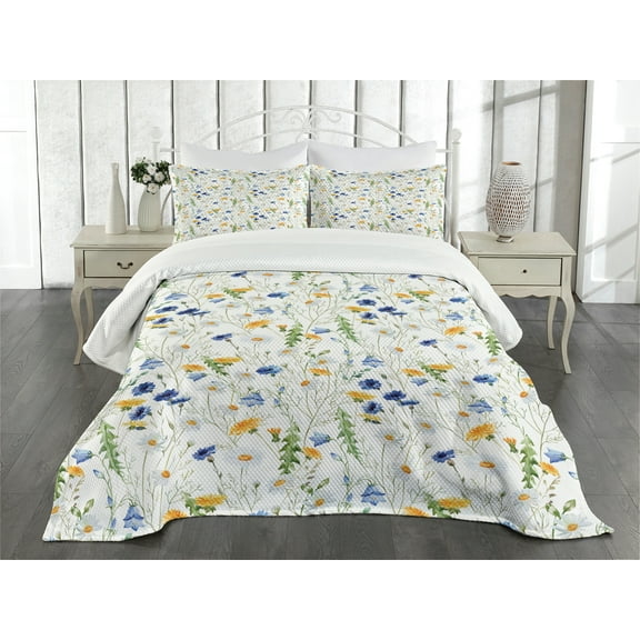 Ambesonne Nature Quilted Bedspread Set 3 Pcs, Poppies Daisies Rural, King Size, Pale Green Yellow Blue