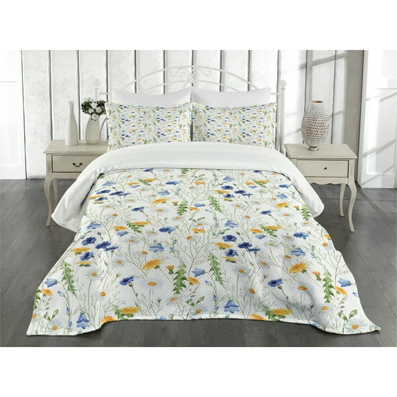 Ambesonne Nature Quilted Bedspread Set 3 Pcs, Poppies Daisies Rural, Queen Size, Pale Green Yellow Blue