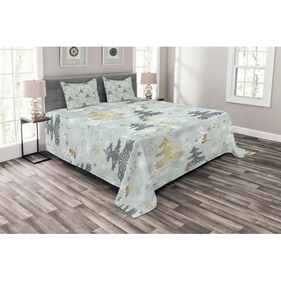 Ambesonne Nature Quilted Bedspread Set 3 Pcs, Retro Soft Pine Tree, Queen Size, Blue Grey and Dark Mustard