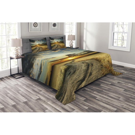 Ambesonne Nature Quilted Bedspread Set 3 Pcs, Road Field with Ripe, Queen Size, Multicolor