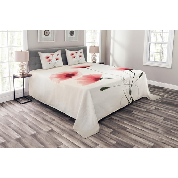 Ambesonne Nature Quilted Bedspread Set 3 Pcs, Romantic Buds Flowers, Queen Size, Pink Green and White