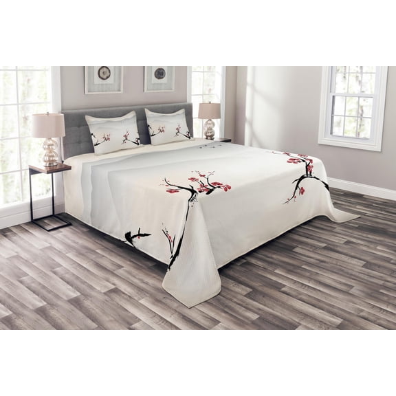 Ambesonne Nature Quilted Bedspread Set 3 Pcs, Sakura Flower and Gulls, King Size, Beige Red Black