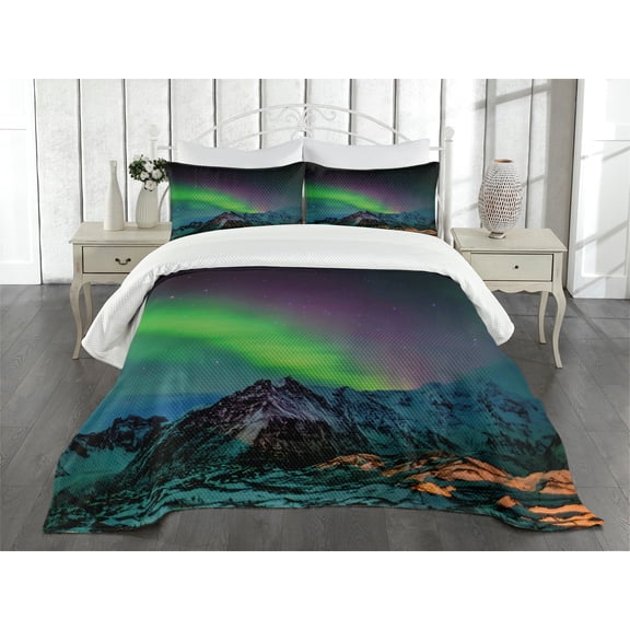 Ambesonne Nature Quilted Bedspread Set 3 Pcs, Sky Rocky Hill Wild, Queen Size, Blue Violet Lime Green