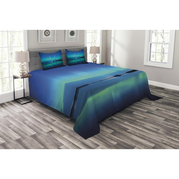 Ambesonne Nature Quilted Bedspread Set 3 Pcs, Sky Scenery Lake, King Size, Violet Blue