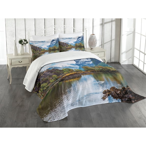 Ambesonne Nature Quilted Bedspread Set 3 Pcs, Snowy Norway Mountains, Queen Size, Multicolor