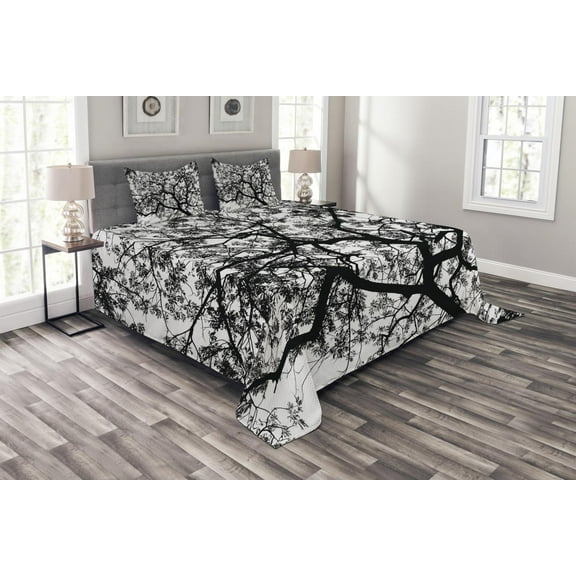 Ambesonne Nature Quilted Bedspread Set 3 Pcs, Spooky Black Tree Branch, Queen Size, Black and White