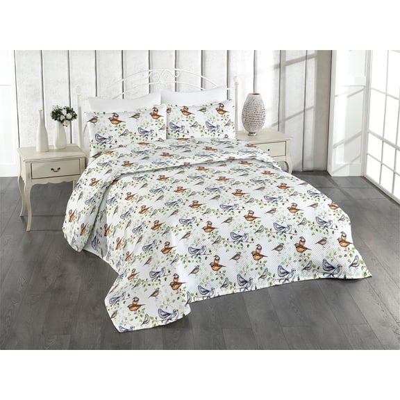 Ambesonne Nature Quilted Bedspread Set 3 Pcs, Spring Birds Leaves Pattern, Queen, Pale Blue Green White